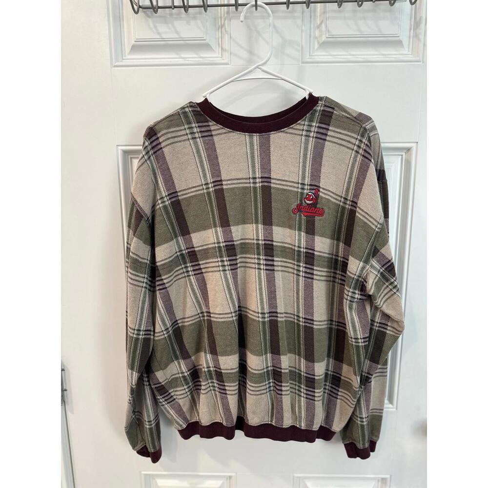 RARE Cleveland Indians Plaid Crewneck mens Large